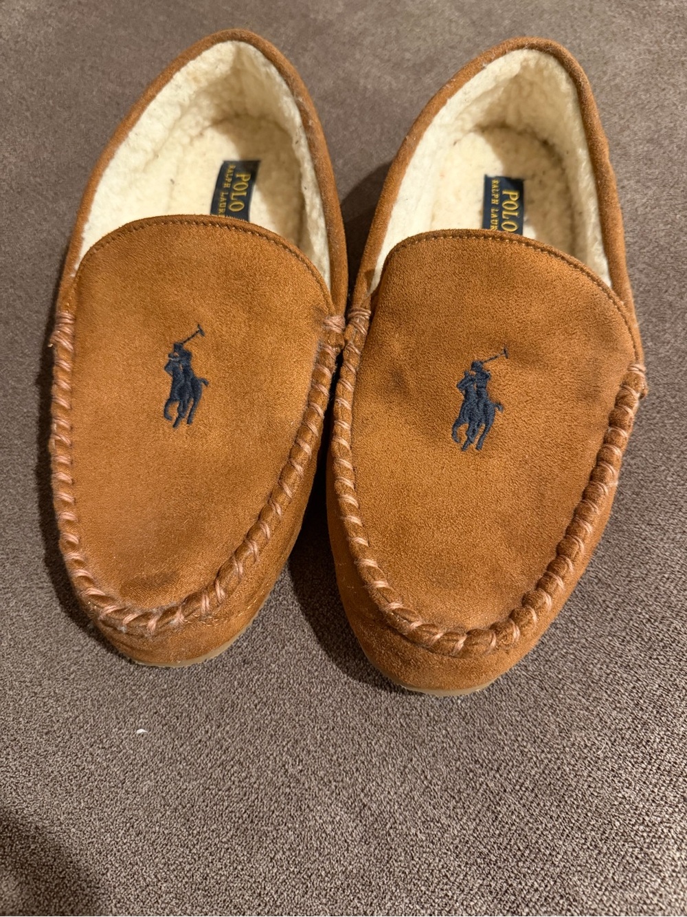 POLO Ralph Lauren Men's Brown Moccasin Slippers with Navy Embroidery